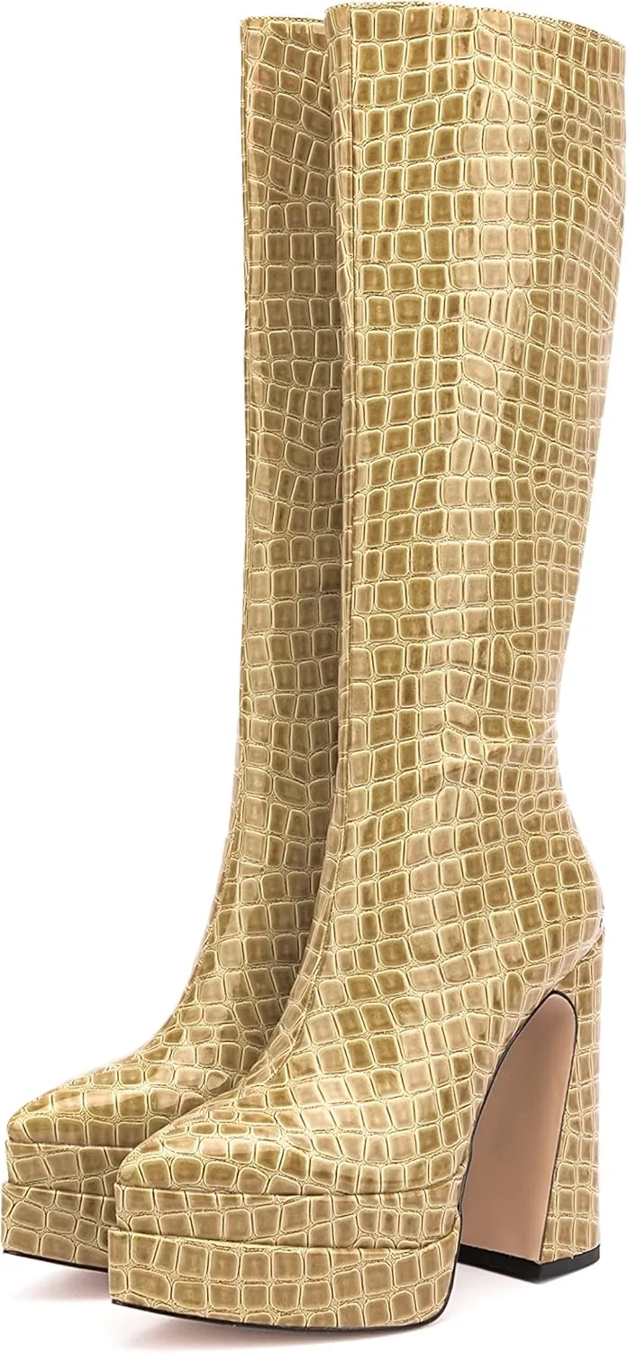 LEMUTISME Women's Trendy Pointed Toe Double Platform Crocodile Print Back Zip Chunky High Block Heel Knee High Boots For Party Evening