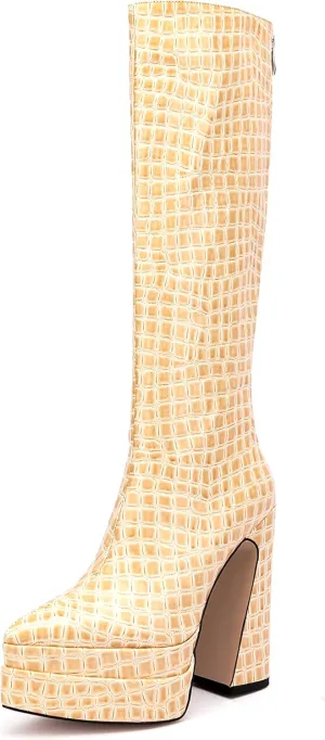 LEMUTISME Women's Trendy Pointed Toe Double Platform Crocodile Print Back Zip Chunky High Block Heel Knee High Boots For Party Evening