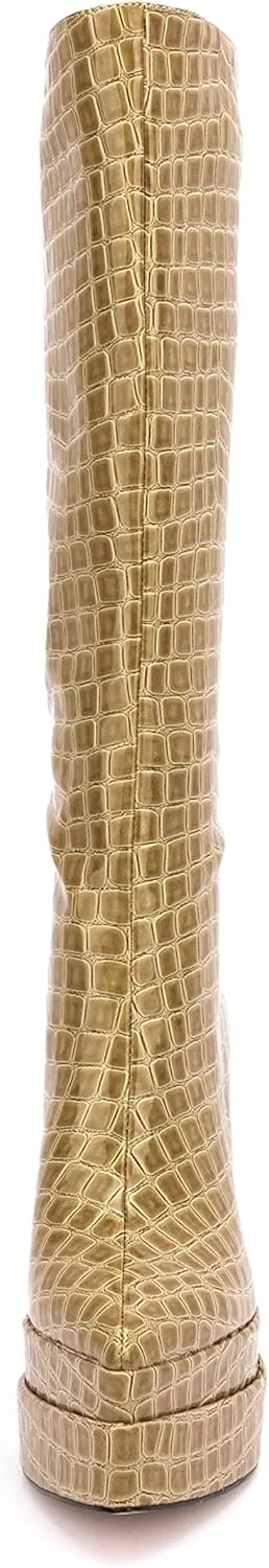 LEMUTISME Women's Trendy Pointed Toe Double Platform Crocodile Print Back Zip Chunky High Block Heel Knee High Boots For Party Evening