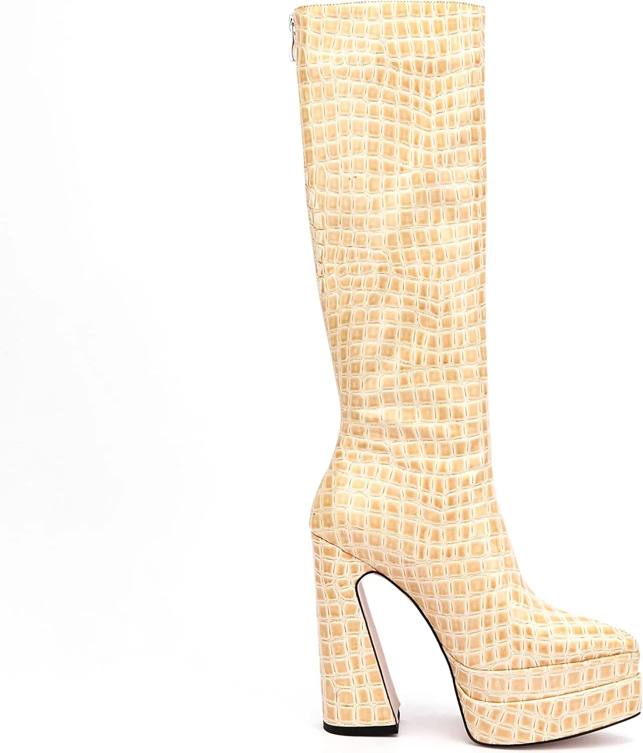 LEMUTISME Women's Trendy Pointed Toe Double Platform Crocodile Print Back Zip Chunky High Block Heel Knee High Boots For Party Evening