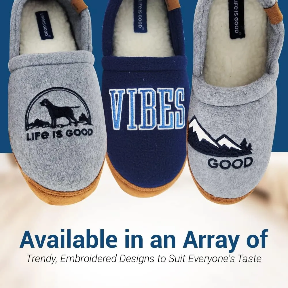 LIFE IS GOOD Men's Closed Back Moccasin Slippers, 303592M - Suede & Fleece Indoor/Outdoor Slip-Ons - Comfortable Lightweight Cozy Mocs with Rubber Soles & Cushioned Foam Available in Different Designs