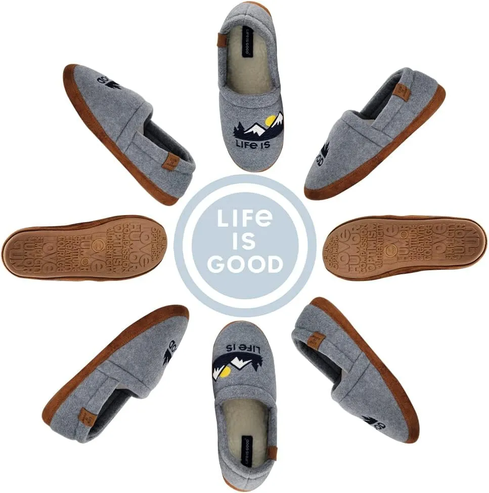 LIFE IS GOOD Men's Closed Back Moccasin Slippers, 303592M - Suede & Fleece Indoor/Outdoor Slip-Ons - Comfortable Lightweight Cozy Mocs with Rubber Soles & Cushioned Foam Available in Different Designs