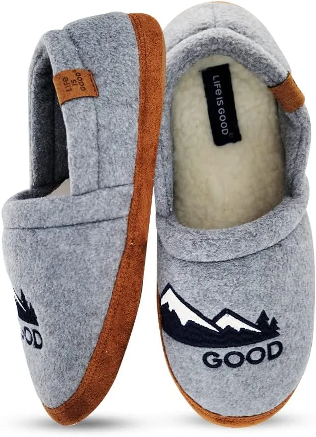 LIFE IS GOOD Men's Closed Back Moccasin Slippers, 303592M - Suede & Fleece Indoor/Outdoor Slip-Ons - Comfortable Lightweight Cozy Mocs with Rubber Soles & Cushioned Foam Available in Different Designs