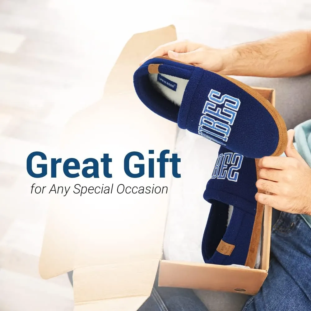 LIFE IS GOOD Men's Closed Back Moccasin Slippers, 303592M - Suede & Fleece Indoor/Outdoor Slip-Ons - Comfortable Lightweight Cozy Mocs with Rubber Soles & Cushioned Foam Available in Different Designs