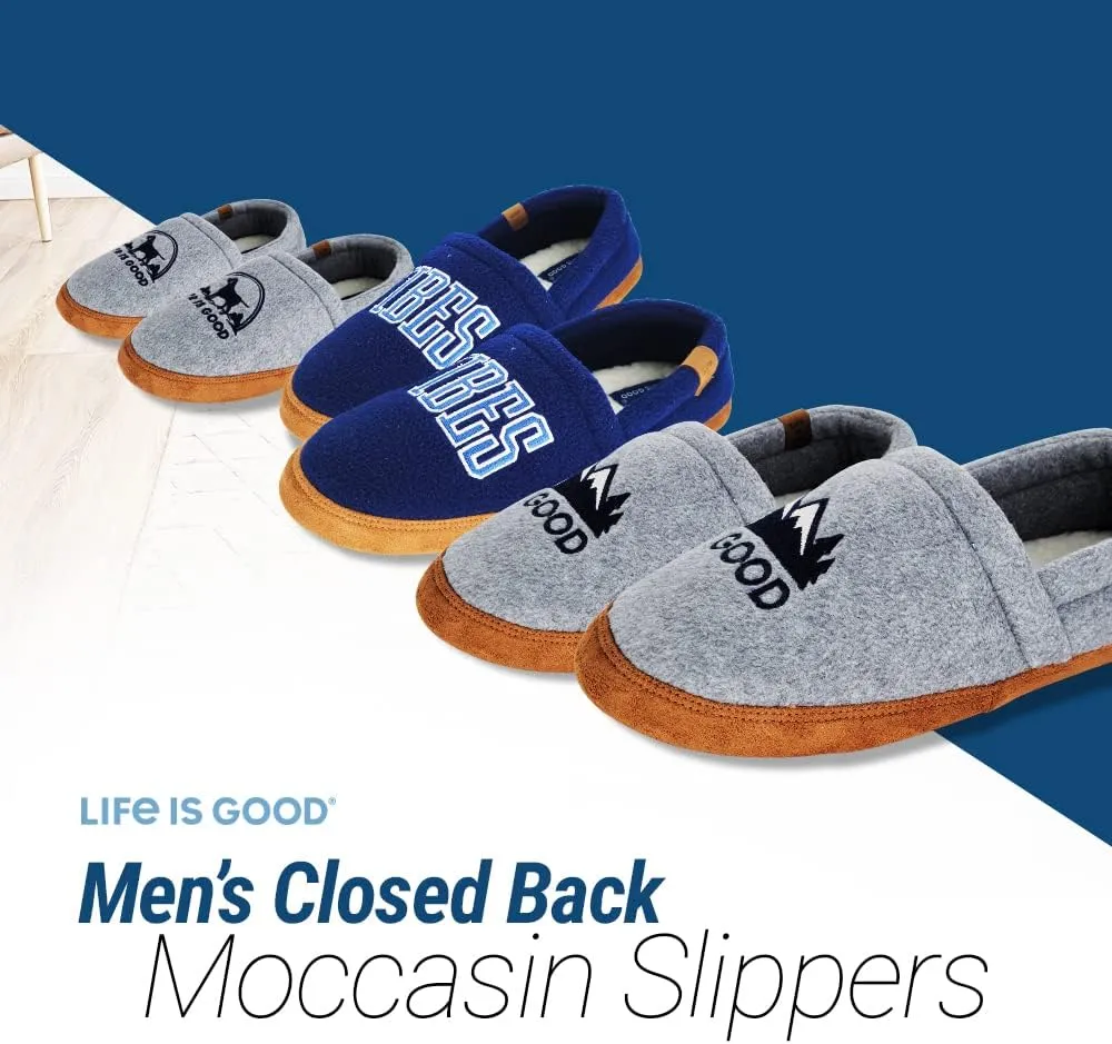 LIFE IS GOOD Men's Closed Back Moccasin Slippers, 303592M - Suede & Fleece Indoor/Outdoor Slip-Ons - Comfortable Lightweight Cozy Mocs with Rubber Soles & Cushioned Foam Available in Different Designs