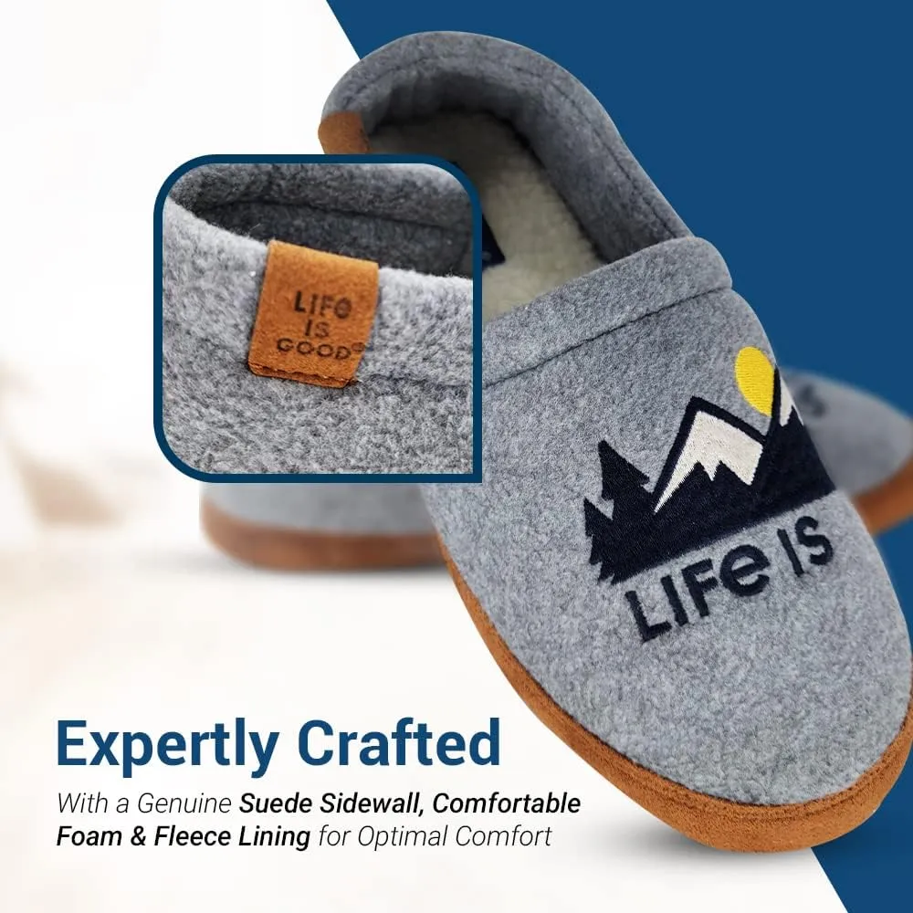 LIFE IS GOOD Men's Closed Back Moccasin Slippers, 303592M - Suede & Fleece Indoor/Outdoor Slip-Ons - Comfortable Lightweight Cozy Mocs with Rubber Soles & Cushioned Foam Available in Different Designs