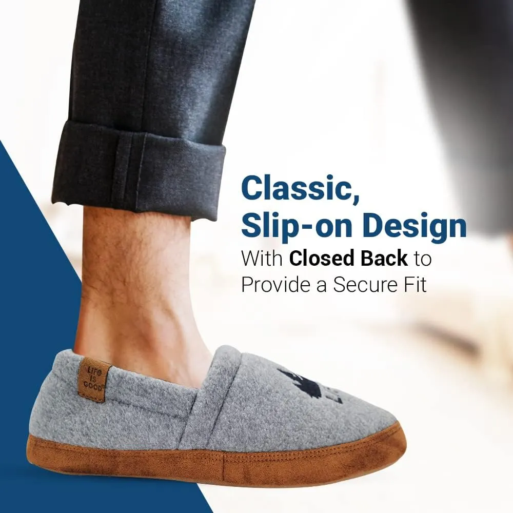 LIFE IS GOOD Men's Closed Back Moccasin Slippers, 303592M - Suede & Fleece Indoor/Outdoor Slip-Ons - Comfortable Lightweight Cozy Mocs with Rubber Soles & Cushioned Foam Available in Different Designs