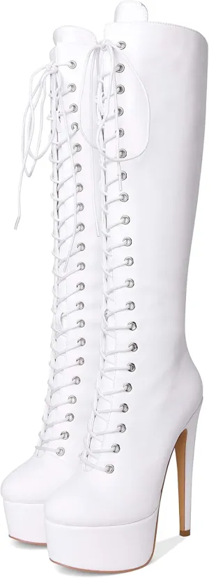 LISHAN Women's Fashion Stiletto Heels Platform Lace Up Knee High Boots