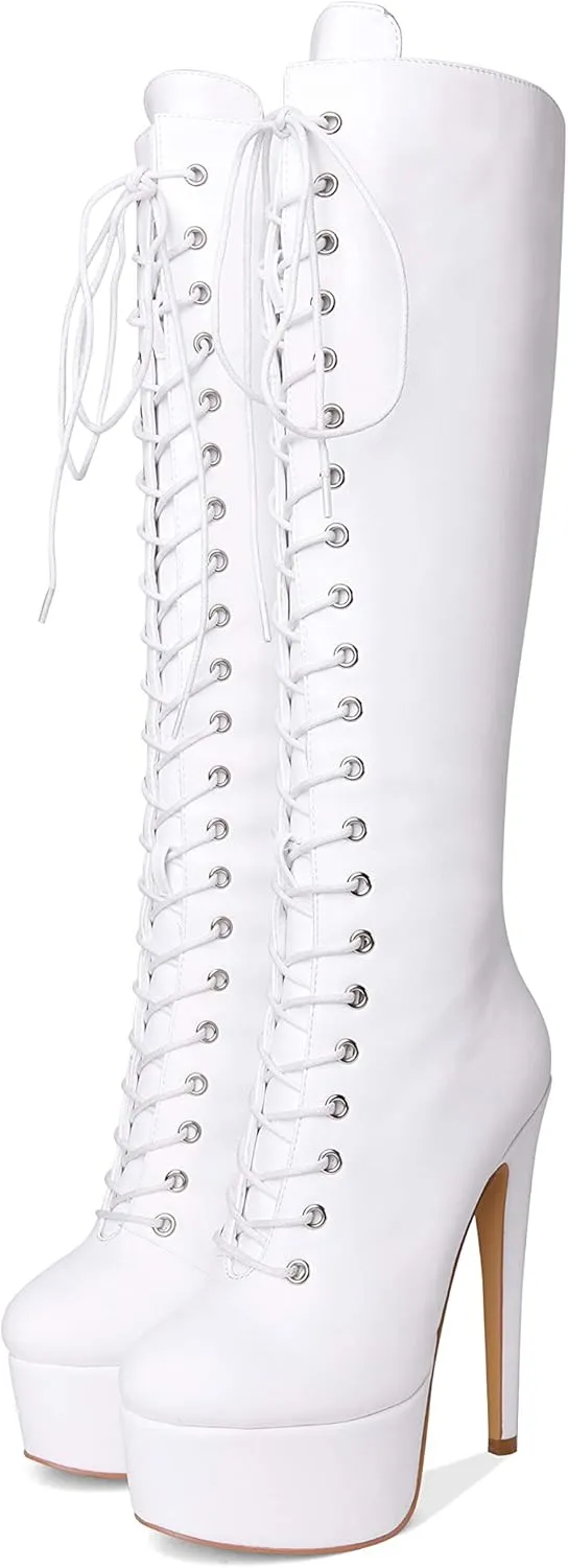 LISHAN Women's Fashion Stiletto Heels Platform Lace Up Knee High Boots