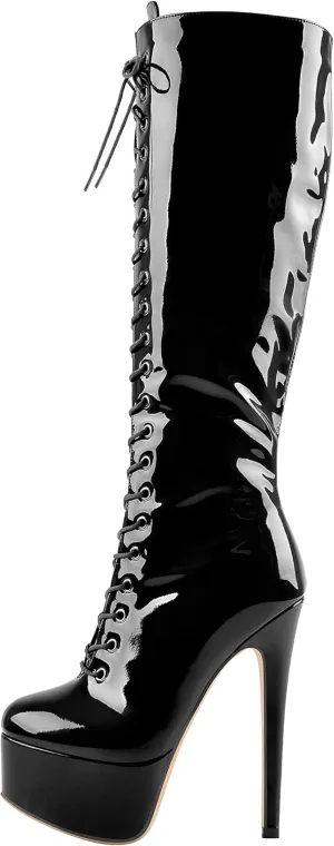 LISHAN Women's Fashion Stiletto Heels Platform Lace Up Knee High Boots