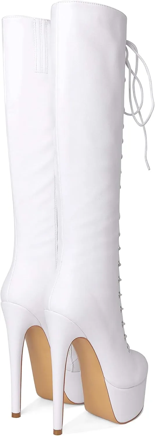 LISHAN Women's Fashion Stiletto Heels Platform Lace Up Knee High Boots
