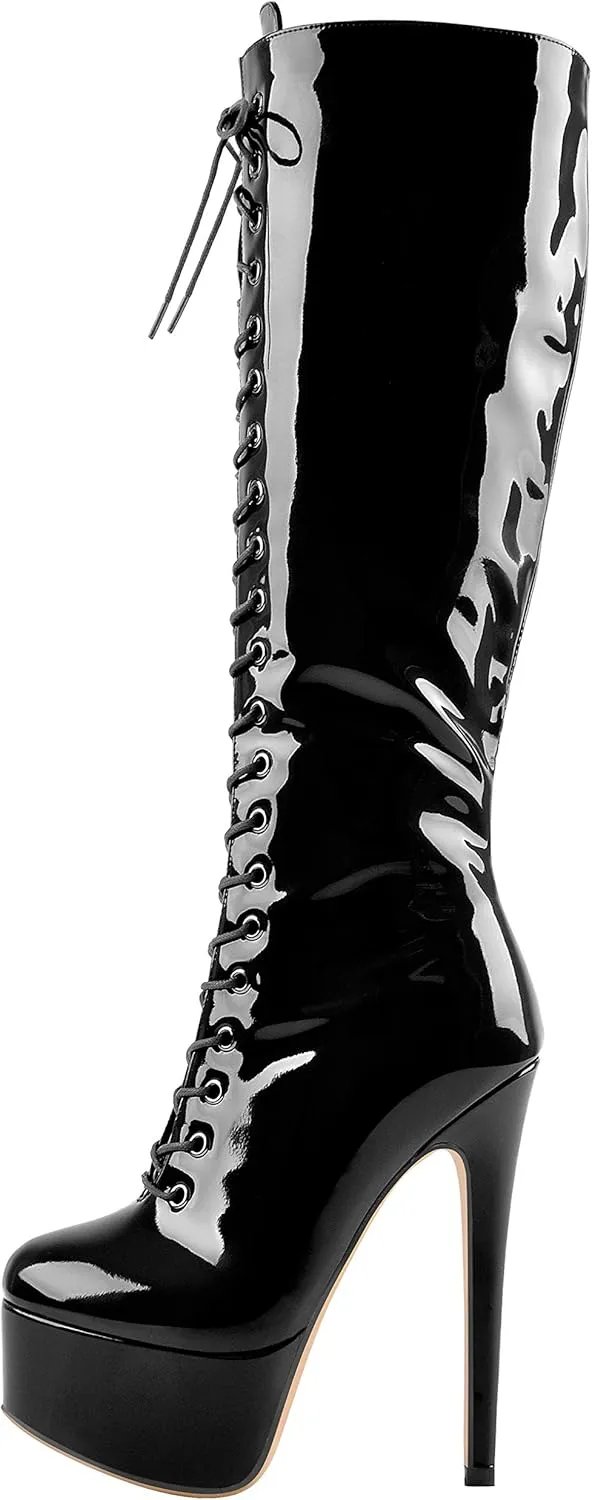 LISHAN Women's Fashion Stiletto Heels Platform Lace Up Knee High Boots