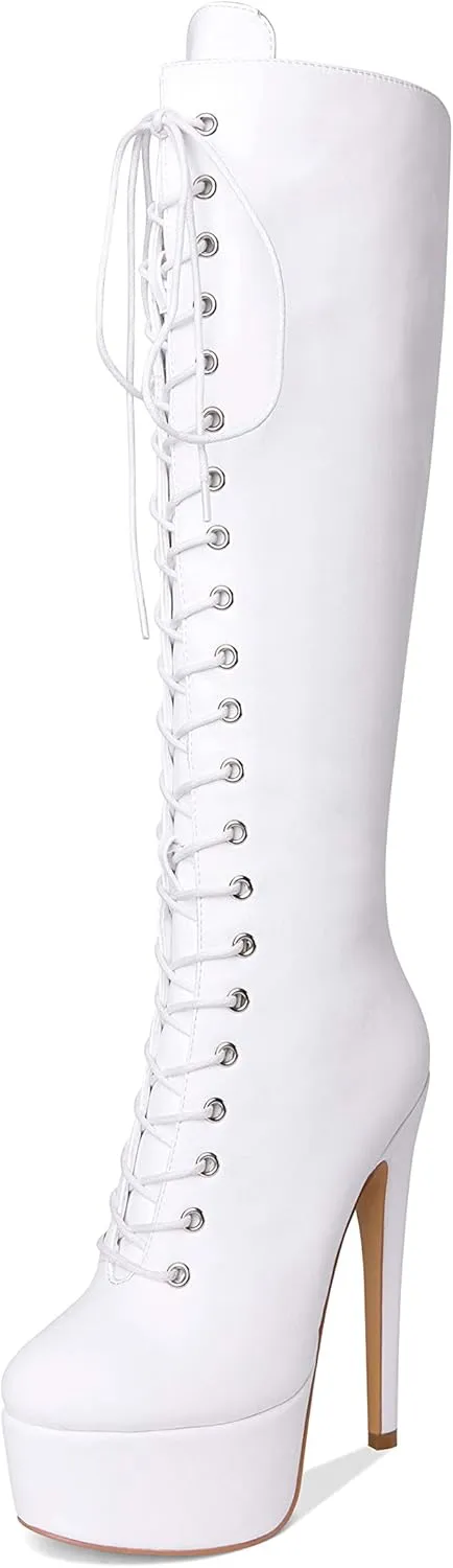 LISHAN Women's Fashion Stiletto Heels Platform Lace Up Knee High Boots
