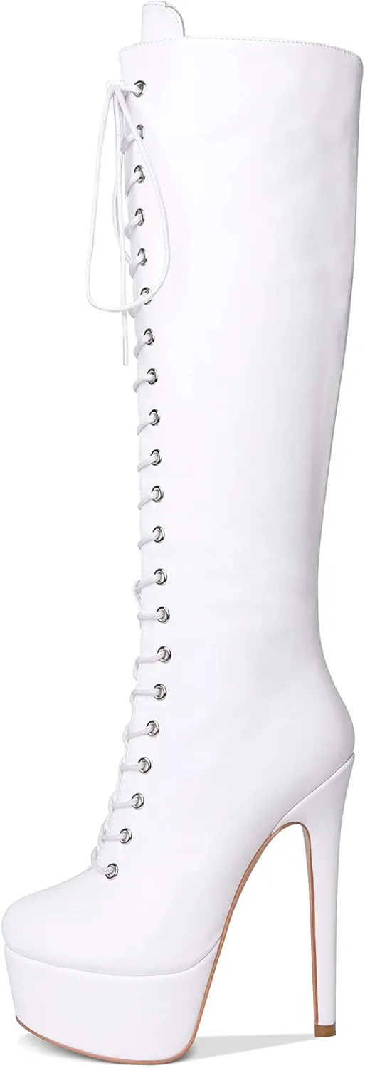 LISHAN Women's Fashion Stiletto Heels Platform Lace Up Knee High Boots