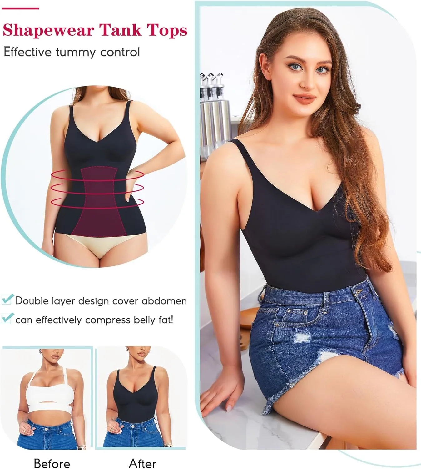 LODAY Compression Tank Tops for Women Tummy Control Shapewear Seamless Body Shaper Workout V-Neck Camisole Cami Tops