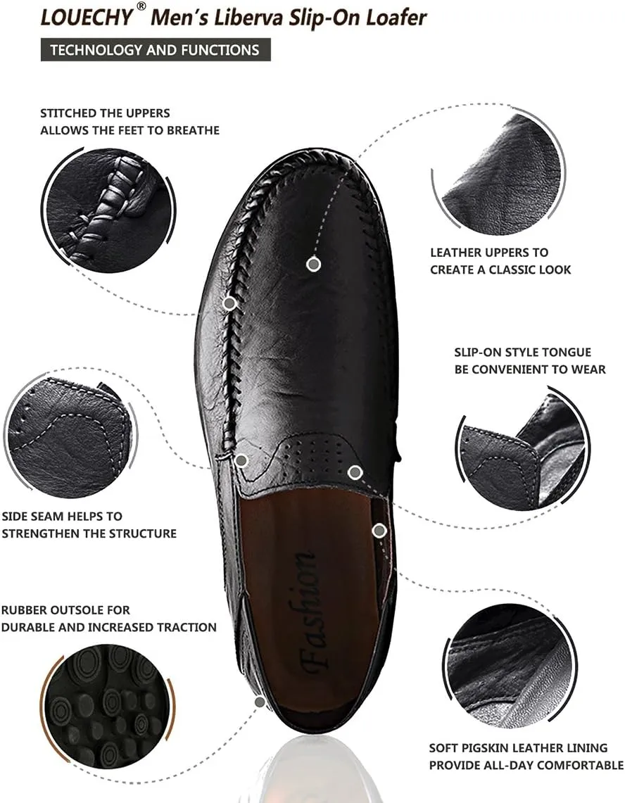 LOUECHY Men's Leather Slip-On Loafer Lightweight Driving Shoes Casual Moccasin Slipper