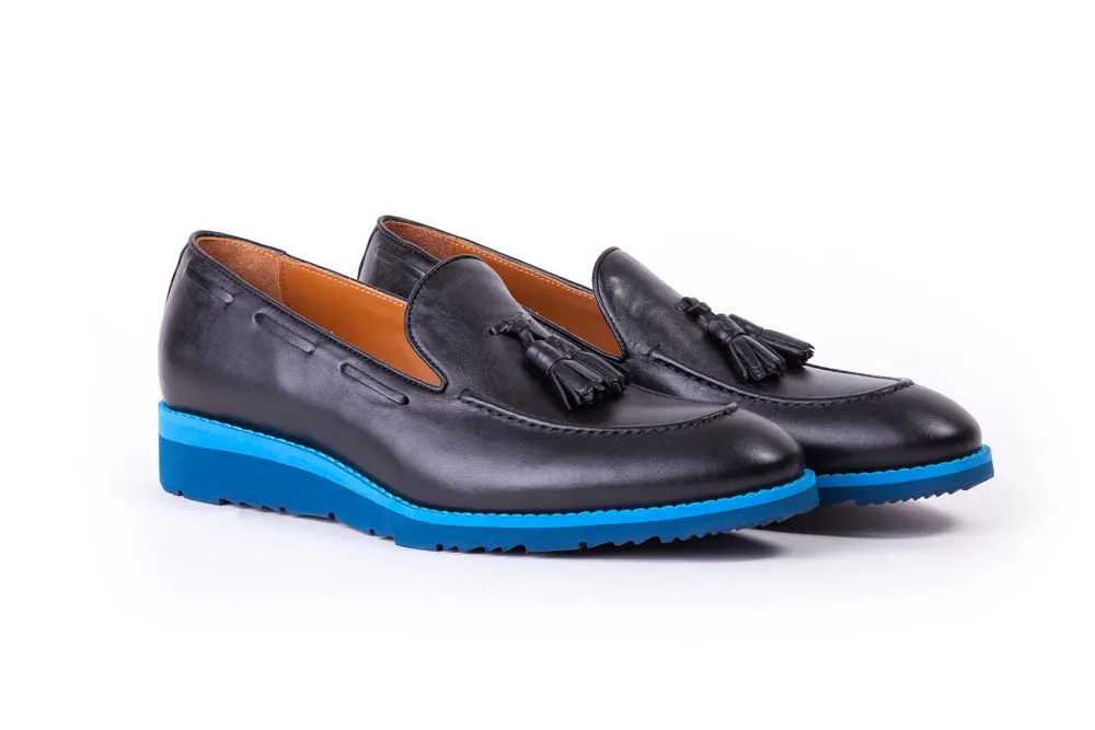 Men's Black & Blue Accented Tassel Loafer with Blue Wedge Sole (EX167)