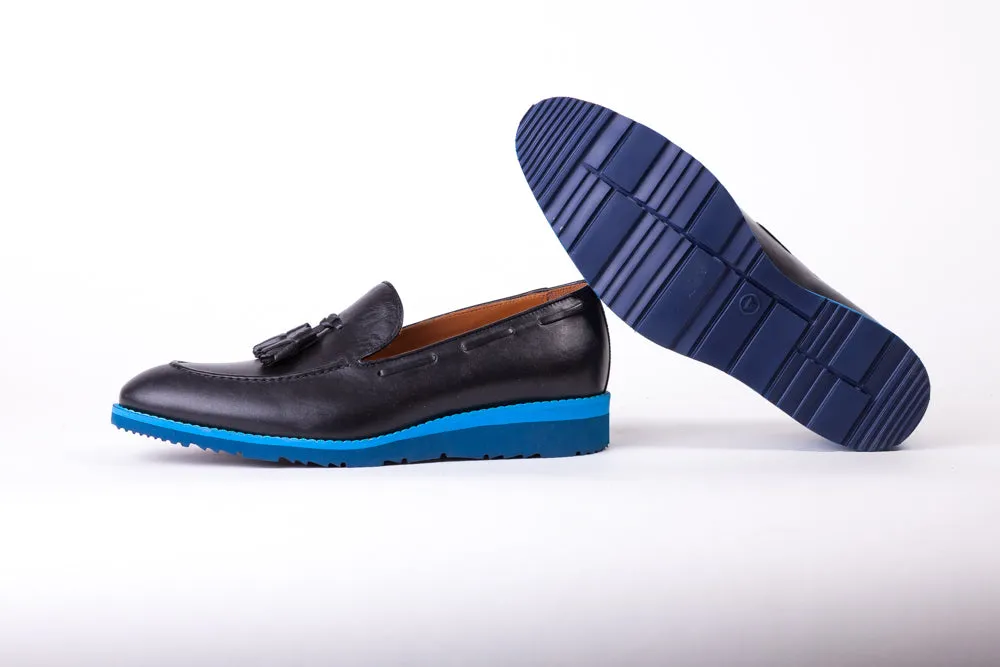 Men's Black & Blue Accented Tassel Loafer with Blue Wedge Sole (EX167)