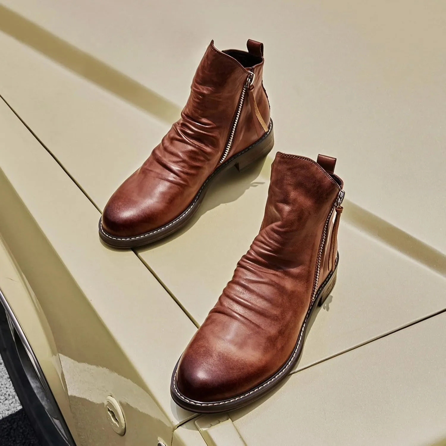 Men's Fashionable Retro Ankle Boots Zipper Sleeve Casual Leather Chukka Boot Water Proof Western Boots Men's Dress Boots