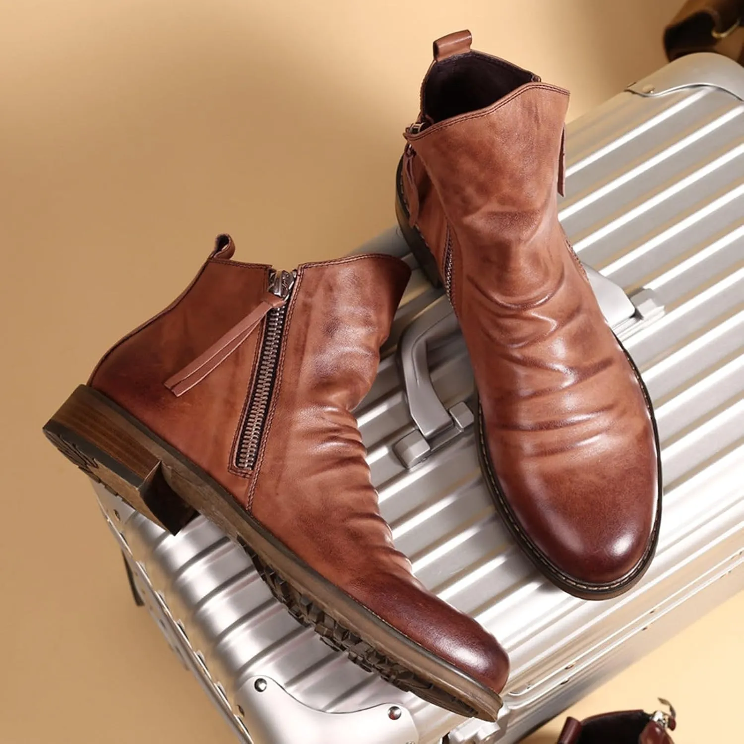 Men's Fashionable Retro Ankle Boots Zipper Sleeve Casual Leather Chukka Boot Water Proof Western Boots Men's Dress Boots