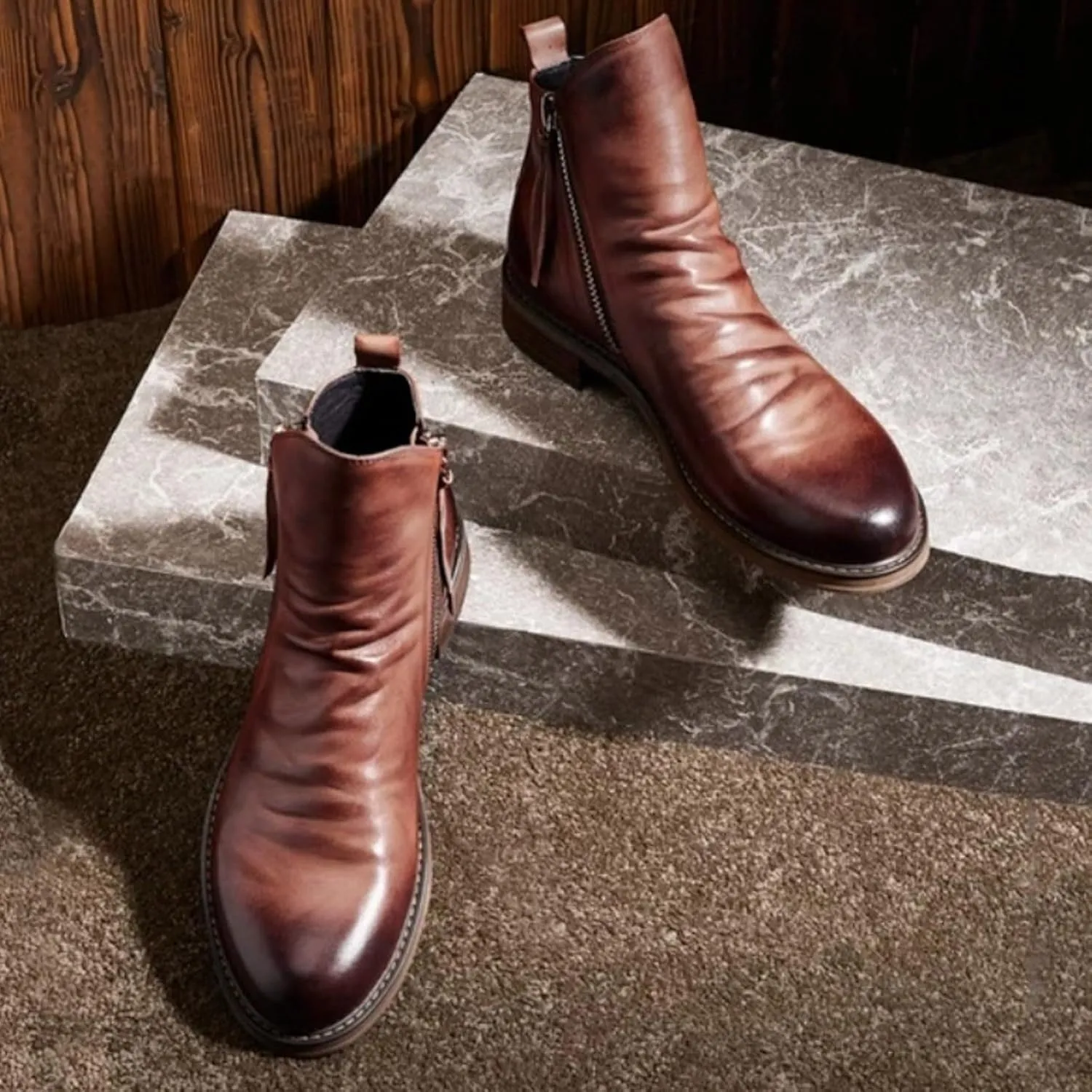 Men's Fashionable Retro Ankle Boots Zipper Sleeve Casual Leather Chukka Boot Water Proof Western Boots Men's Dress Boots