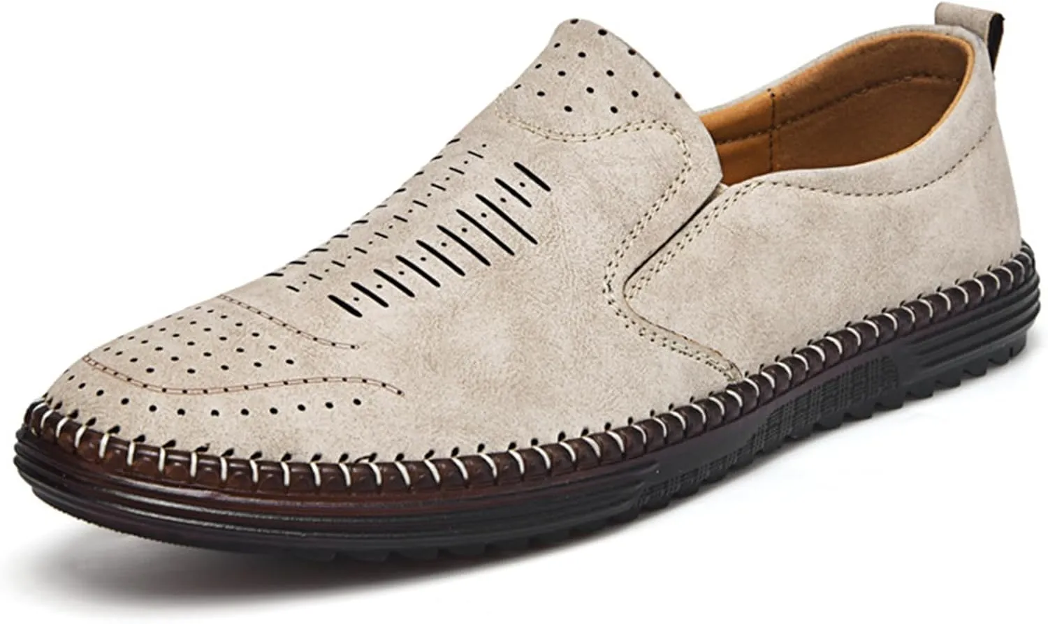 Men's Hand-Sewn Leather Flat Loafers Comfortable Cowhide Soles Non-Slip Slip-On Walking Shoes Summer Breathable Driving Shoes