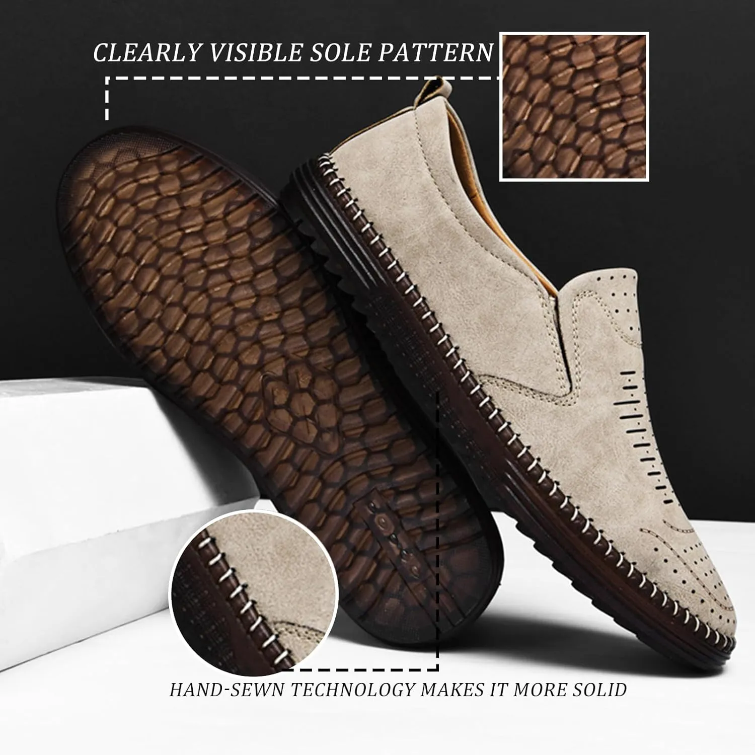 Men's Hand-Sewn Leather Flat Loafers Comfortable Cowhide Soles Non-Slip Slip-On Walking Shoes Summer Breathable Driving Shoes