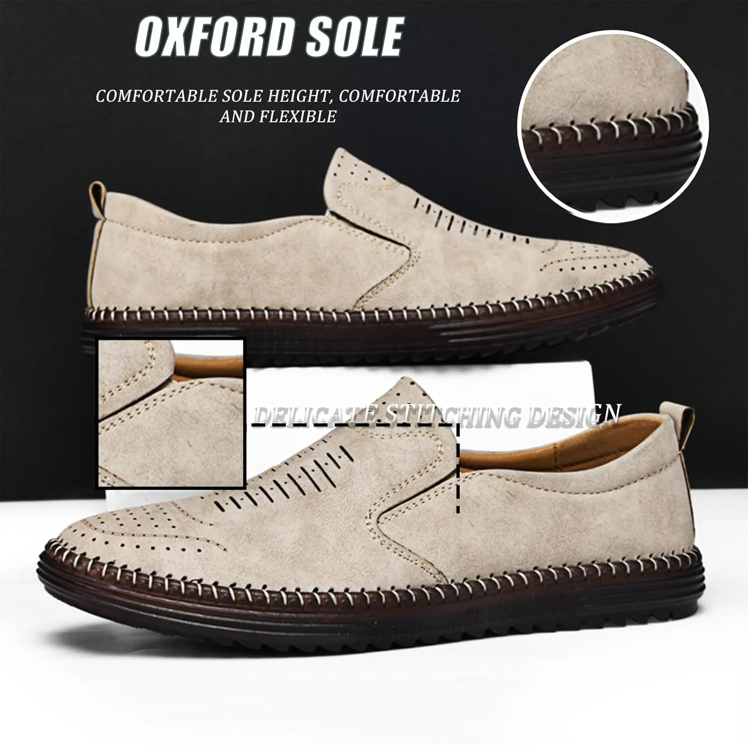 Men's Hand-Sewn Leather Flat Loafers Comfortable Cowhide Soles Non-Slip Slip-On Walking Shoes Summer Breathable Driving Shoes