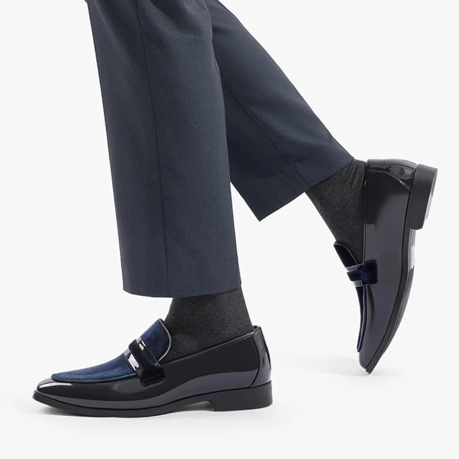 Men's Patent Leather Low Heel Business Loafers Classic Round Toe Comfortable Suede Non-Slip Slip-On Worktuxedo Wedding Shoes