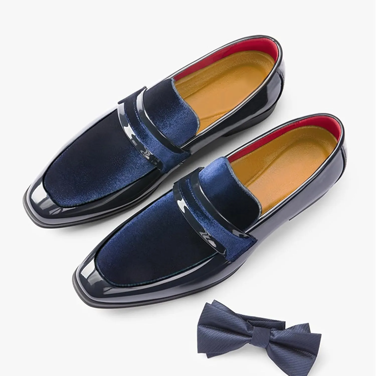 Men's Patent Leather Low Heel Business Loafers Classic Round Toe Comfortable Suede Non-Slip Slip-On Worktuxedo Wedding Shoes