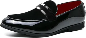 Men's Patent Leather Low Heel Business Loafers Classic Round Toe Comfortable Suede Non-Slip Slip-On Worktuxedo Wedding Shoes