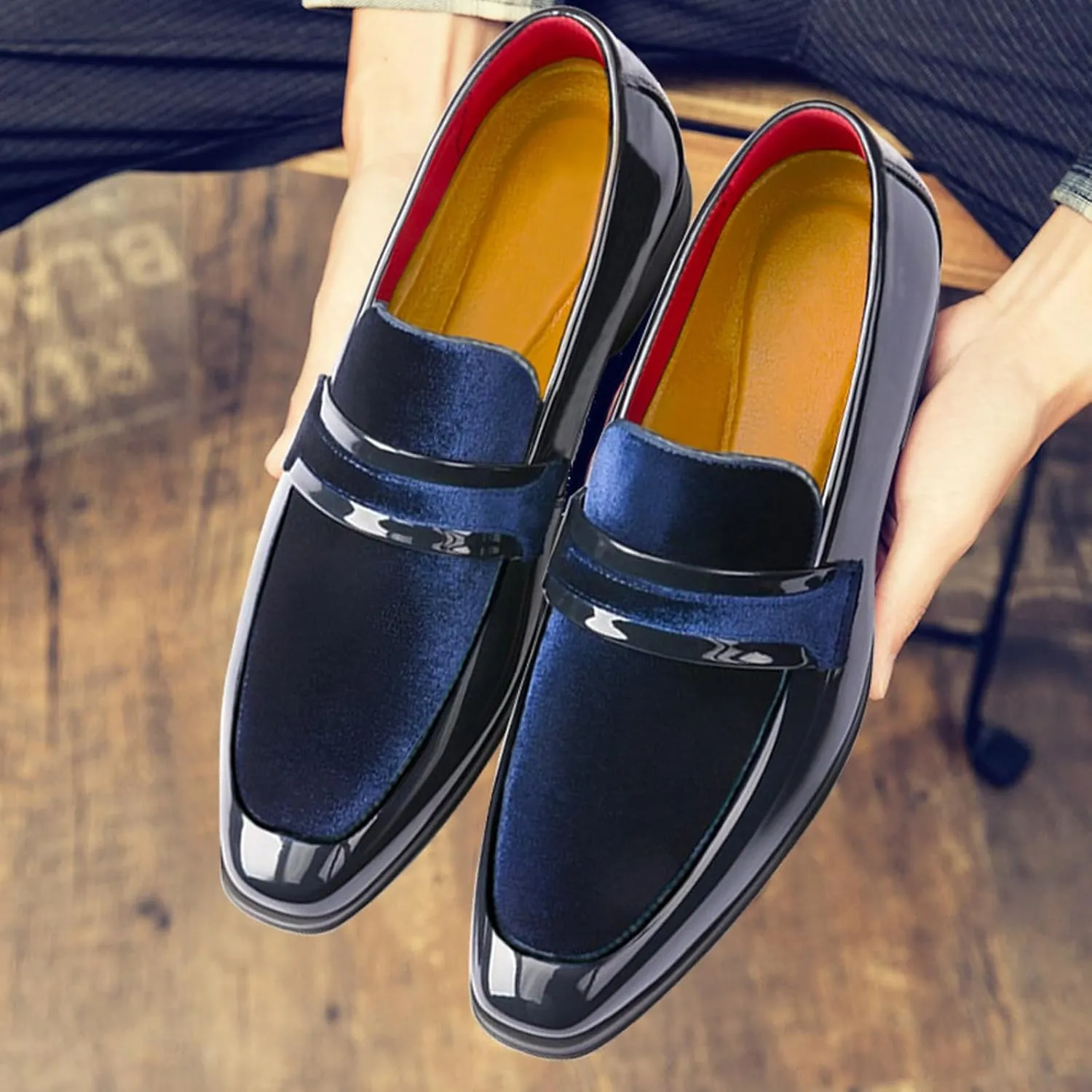 Men's Patent Leather Low Heel Business Loafers Classic Round Toe Comfortable Suede Non-Slip Slip-On Worktuxedo Wedding Shoes