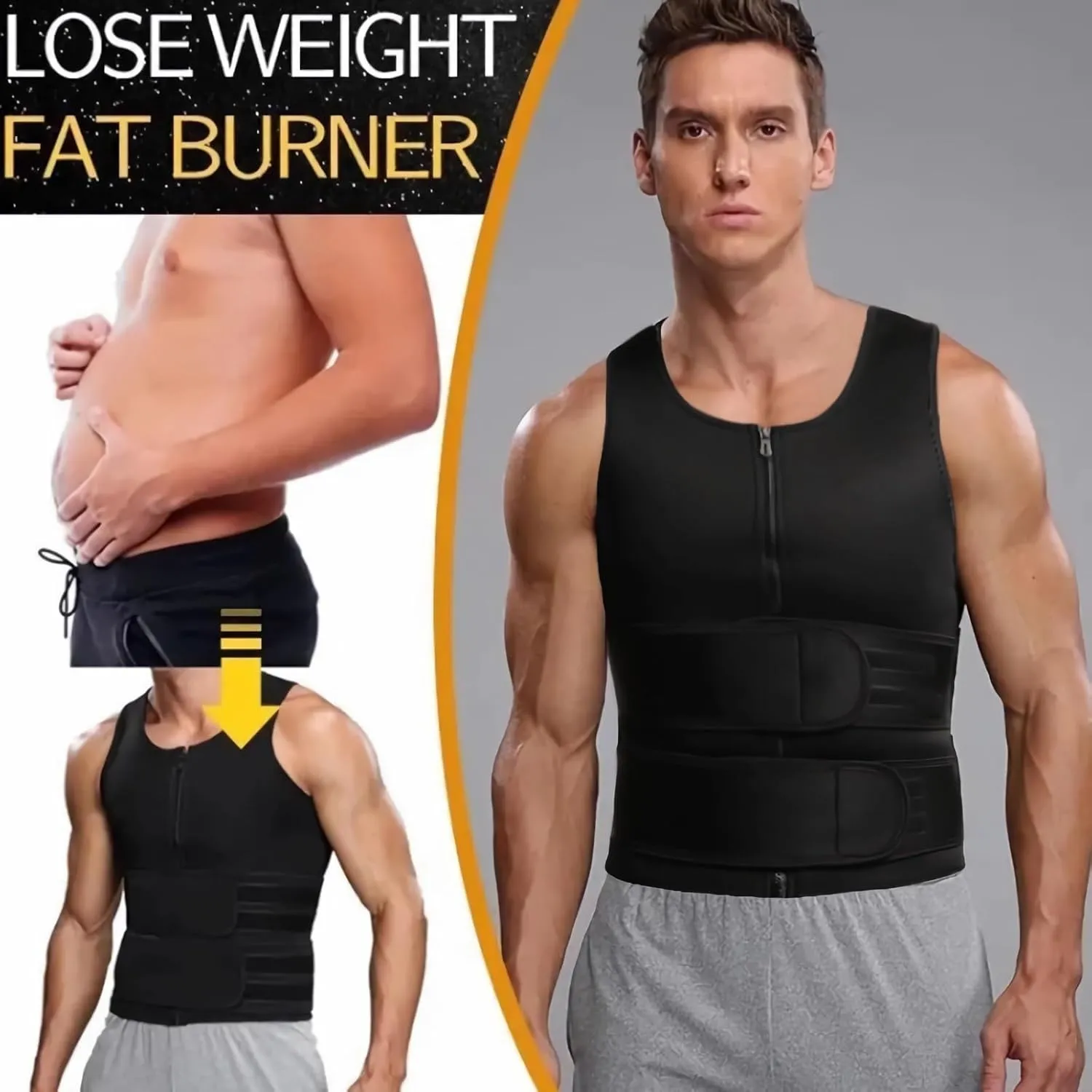 Men's Sauna Waist Trainer Vest Sweat Vest with Trimmer Belt Workout Tank Top Weight Loss Body Shaper​