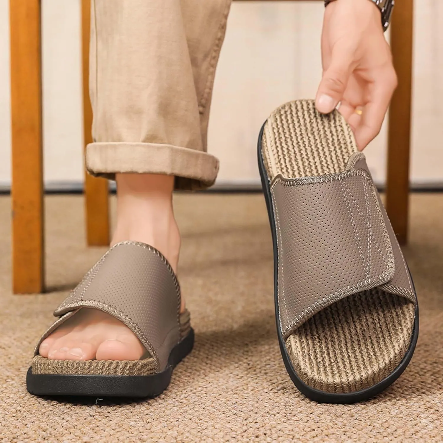 Men's Slide Sandals Summer Anti-Slip Breathable Beach Flip-Flops Comfortable Thick Sole Home Open-Toe Shower Clogs Large Size 6-14