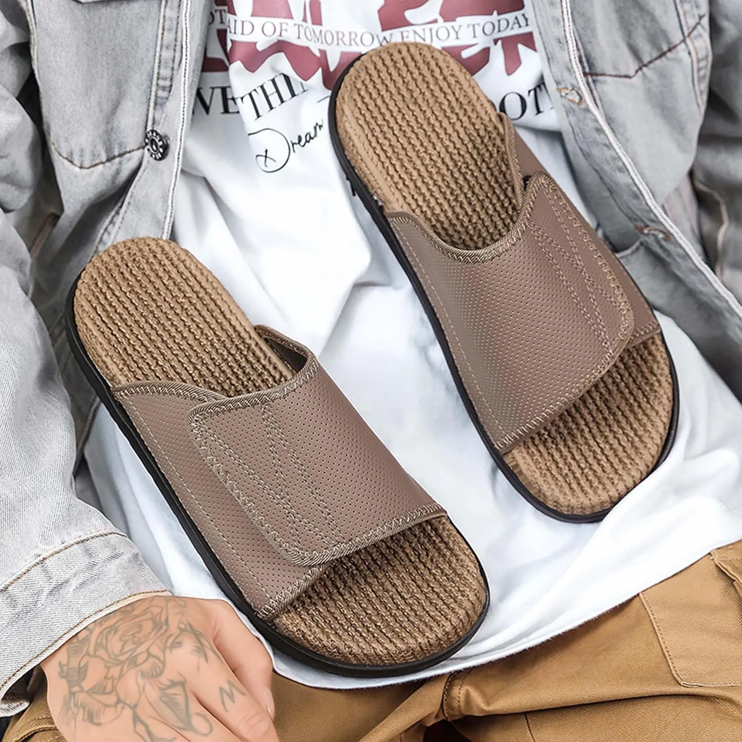 Men's Slide Sandals Summer Anti-Slip Breathable Beach Flip-Flops Comfortable Thick Sole Home Open-Toe Shower Clogs Large Size 6-14