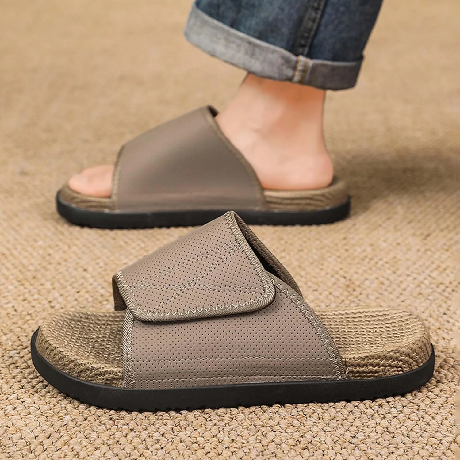 Men's Slide Sandals Summer Anti-Slip Breathable Beach Flip-Flops Comfortable Thick Sole Home Open-Toe Shower Clogs Large Size 6-14
