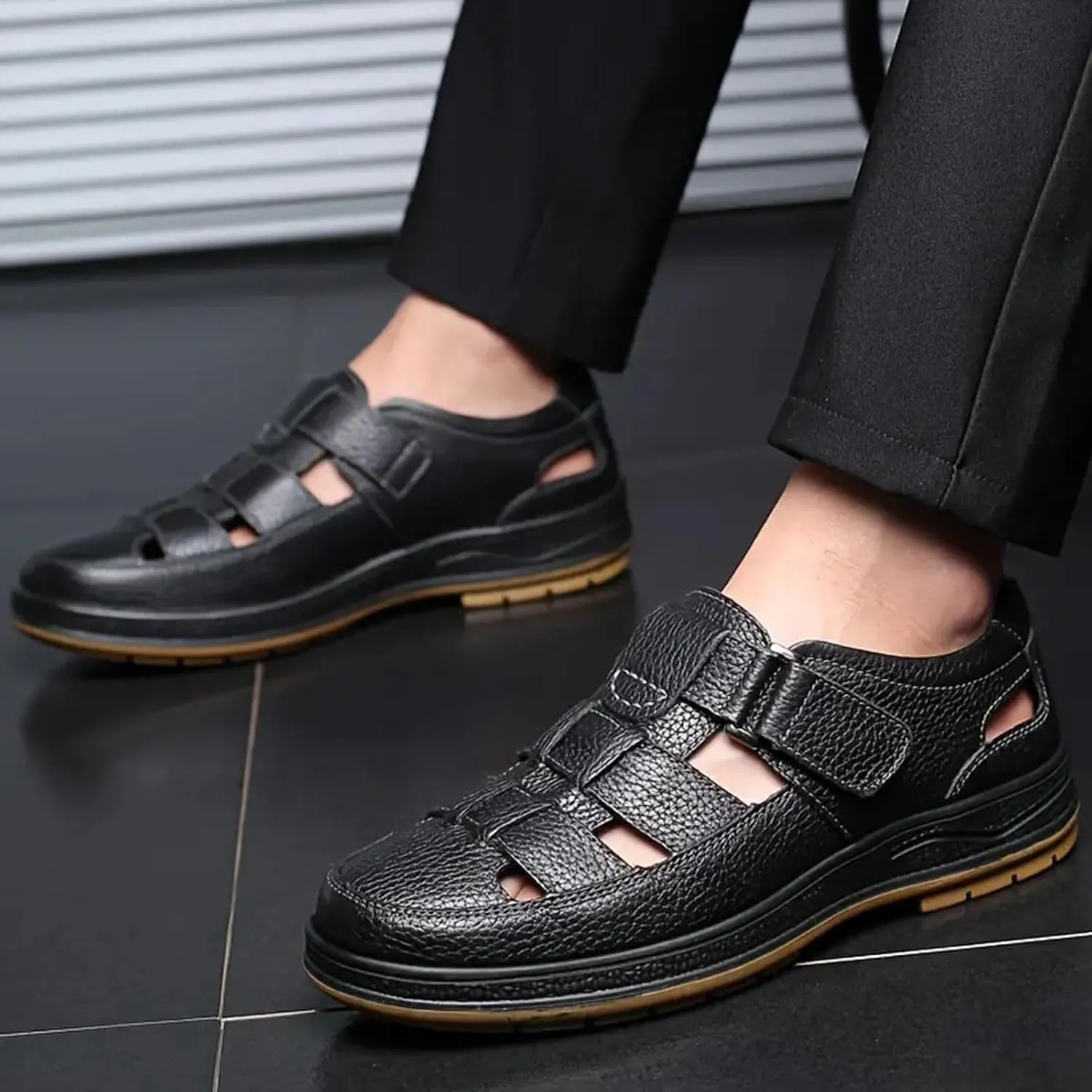 Men's Sneakers Men's Leather Breathable Hollow Casual Leather Shoes