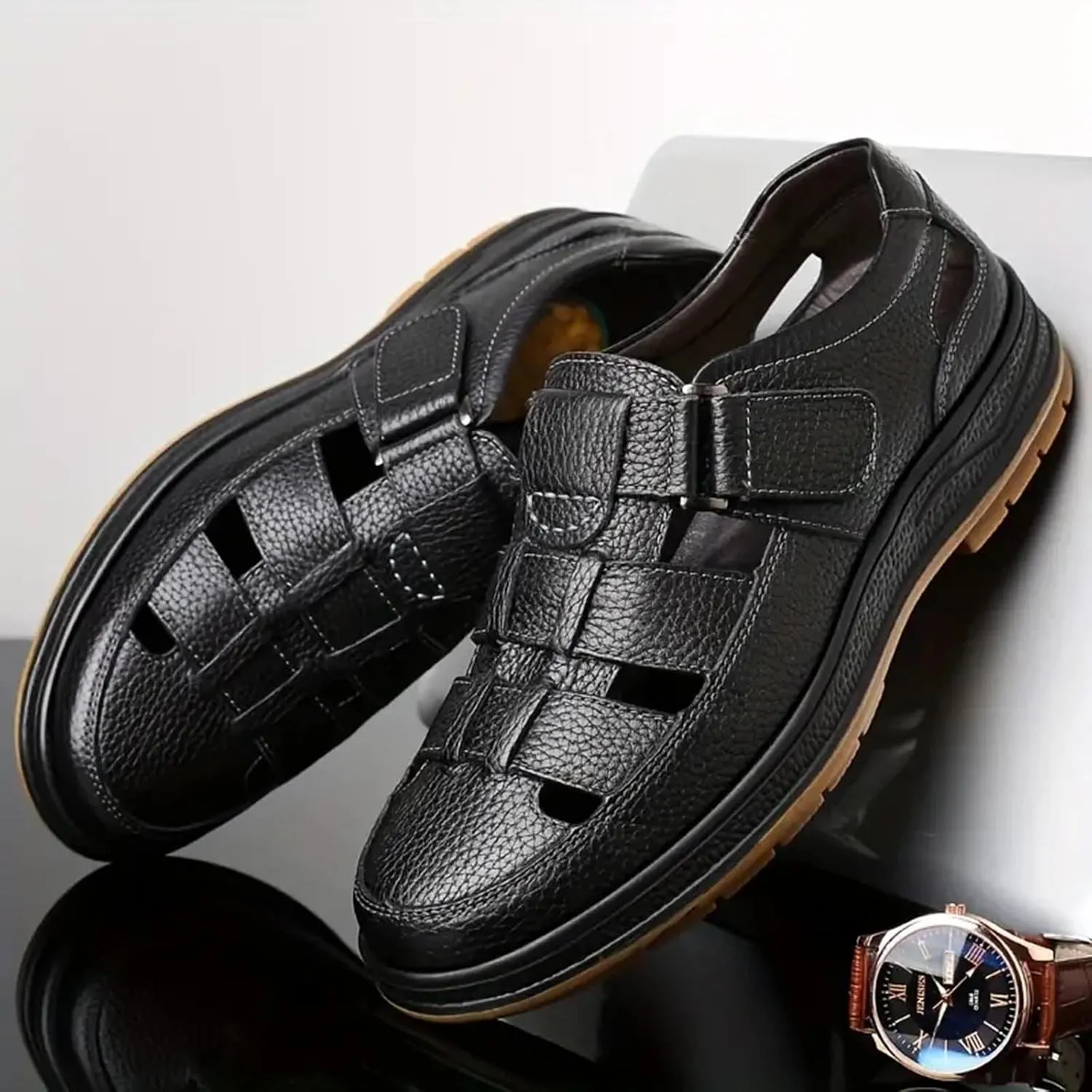 Men's Sneakers Men's Leather Breathable Hollow Casual Leather Shoes