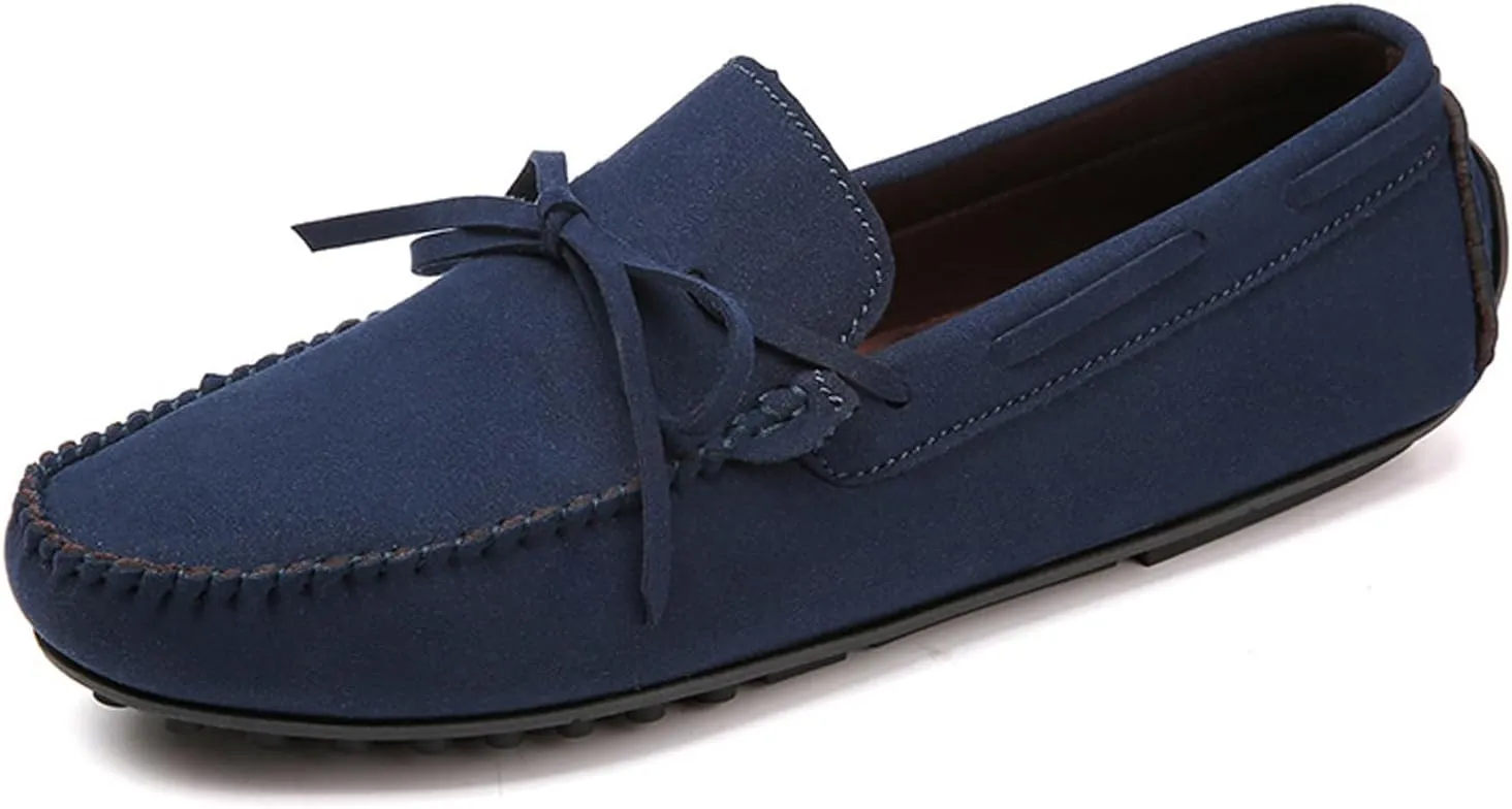 Men's Suede Leather Bow Tie Flat Loafers Classic Round Toe Non-Slip Soft Sole Driving Slip-On Business Moccasins Boat Shoes