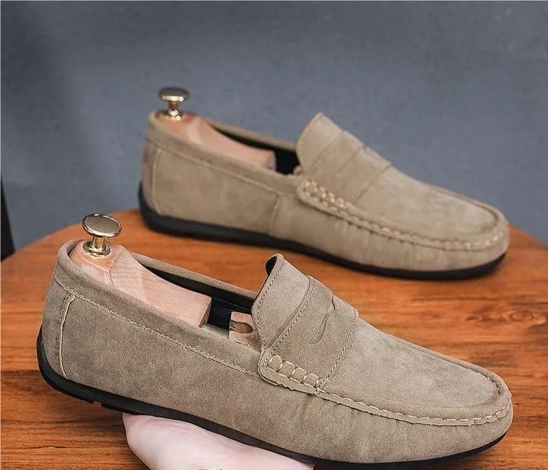 Mens Suede Loafers Vamp Driving Loafers Apron Toe Moccasins Anti-Slip Lightweight Flat Heel Anti-Slip Classic Walking Slip-On Smoking Loafers