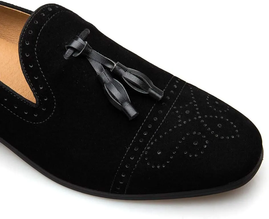 Men's Vintage Velvet Embroidery Noble Loafer Shoes Slip-on Loafer Smoking Slipper Tassel Loafer