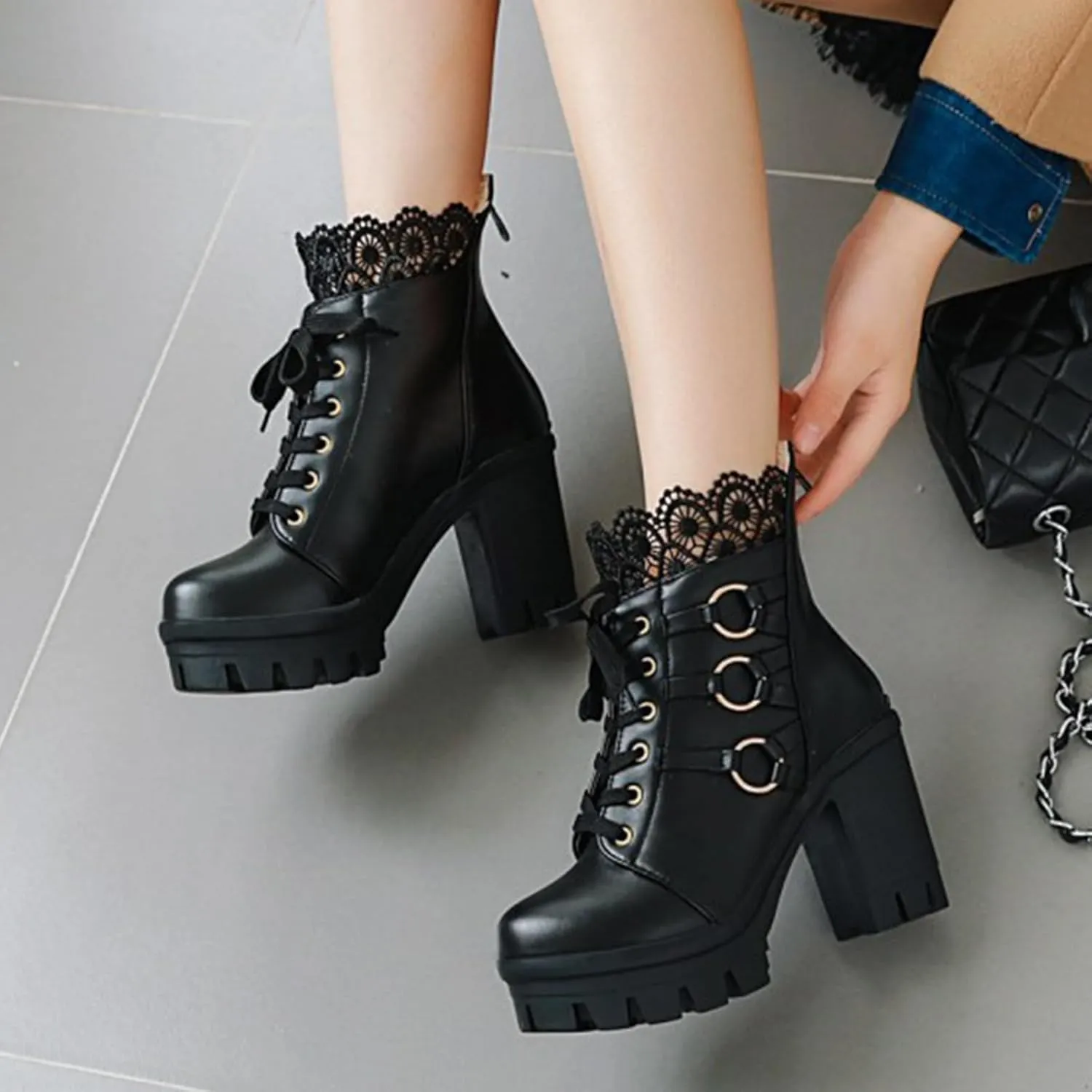 MEOTINA Goth Chunky Platform Boots for Women High Heel Black Ankle Booties Rivets Punk Combat Boot Shoes