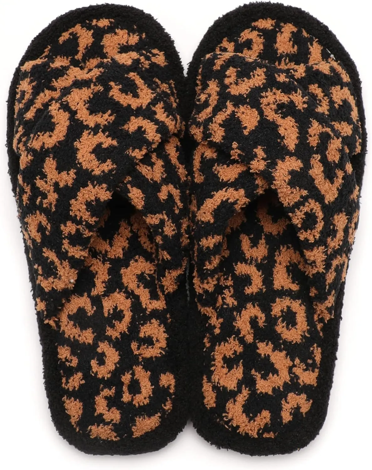MIRMARU Women’s Animal Print Comfort Fluffy Fuzzy Slip-on House Slippers Open Toe Cross Band Indoor Outdoor Non-Slip Slippers for Women