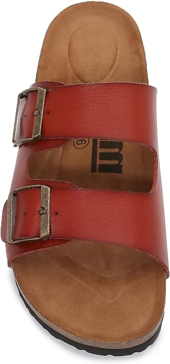 mm Women Soft Cork Cushioned Footbed PU Leather Double Strap Slider Sandal