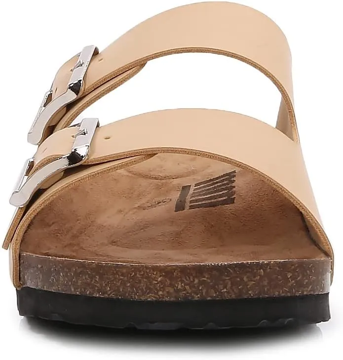 mm Women Soft Cork Cushioned Footbed PU Leather Double Strap Slider Sandal