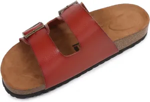mm Women Soft Cork Cushioned Footbed PU Leather Double Strap Slider Sandal