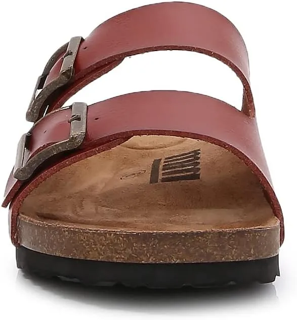 mm Women Soft Cork Cushioned Footbed PU Leather Double Strap Slider Sandal