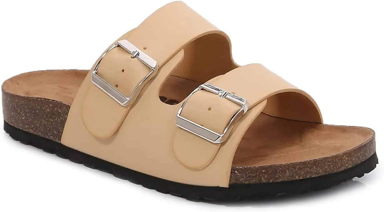 mm Women Soft Cork Cushioned Footbed PU Leather Double Strap Slider Sandal