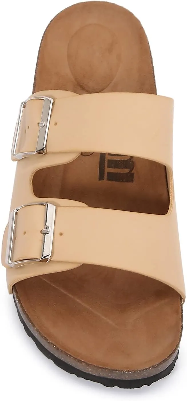 mm Women Soft Cork Cushioned Footbed PU Leather Double Strap Slider Sandal