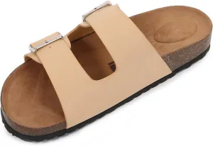 mm Women Soft Cork Cushioned Footbed PU Leather Double Strap Slider Sandal